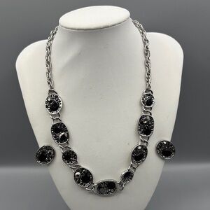 Jones New York Silver Toned with Black/Green/Silver Crystals Necklace Set JP297